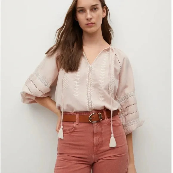 Mango Embroidered Linen Cotton Blouse Balloon  Sleeve washed pink sz med/6 - Picture 4 of 13